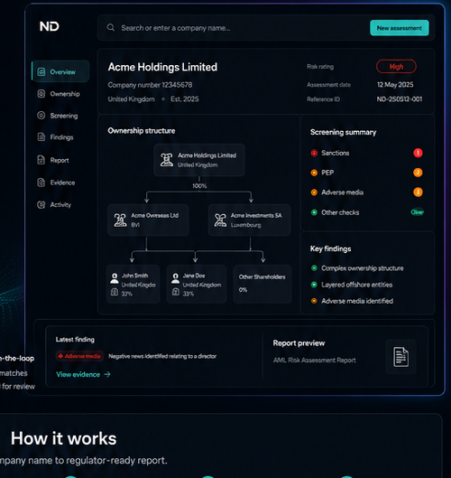 Product dashboard showing a company profile, ownership structure, screening summary, key findings and report preview.